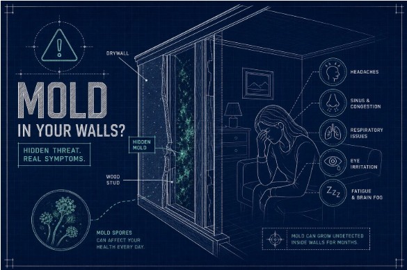 Blueprint-style illustration of hidden mold inside a wall cavity and the health symptoms it causes: headaches, sinus congestion, respiratory issues, eye irritation, and fatigue